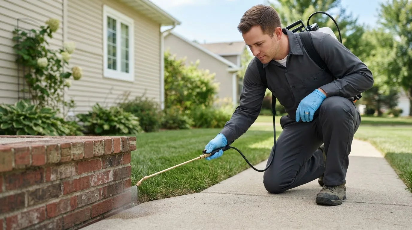 Pest control technician treating a home near Orleans, MI