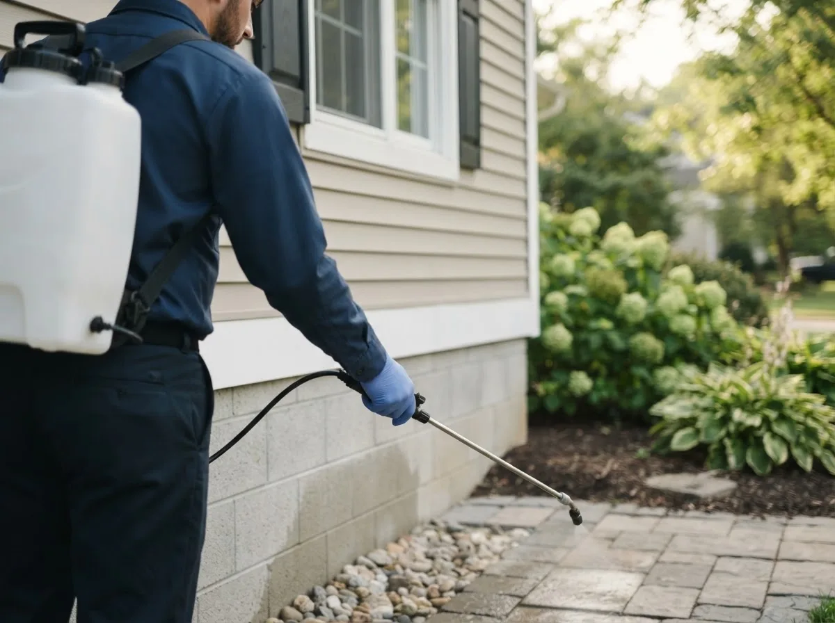 Pest control technician inspecting a home in Orleans, MI